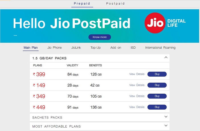 Reliance Jio 4g Plans